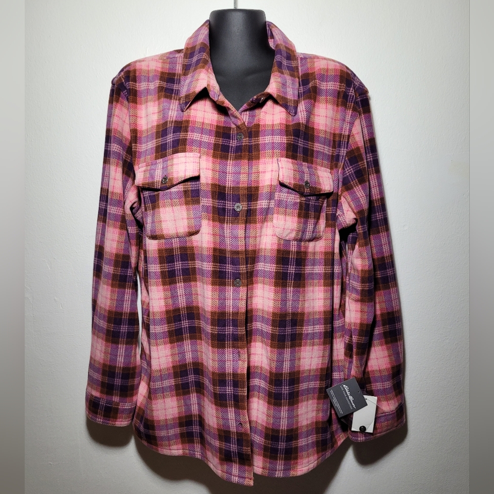 Cozy Fleece Pink and Purple Plaid Button Up Shirt Jacket XL NWT